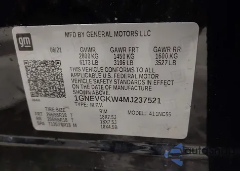 2021 Chevrolet Traverse Awd Lt Cloth из США, поврежденный, VIN 1GNEVGKW4MJ237521